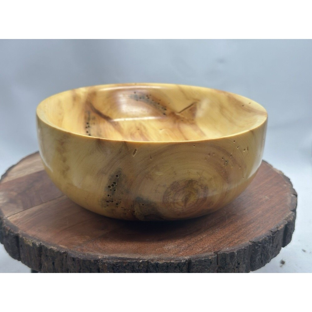 Aspen Wood Signed Round Shallow Dough Fruit Bowl Rustic Farmhouse